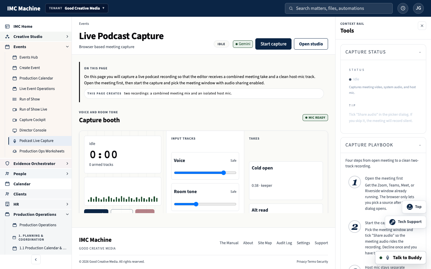 Screenshot of the Live Podcast Capture screen inside The IMC Machine app.