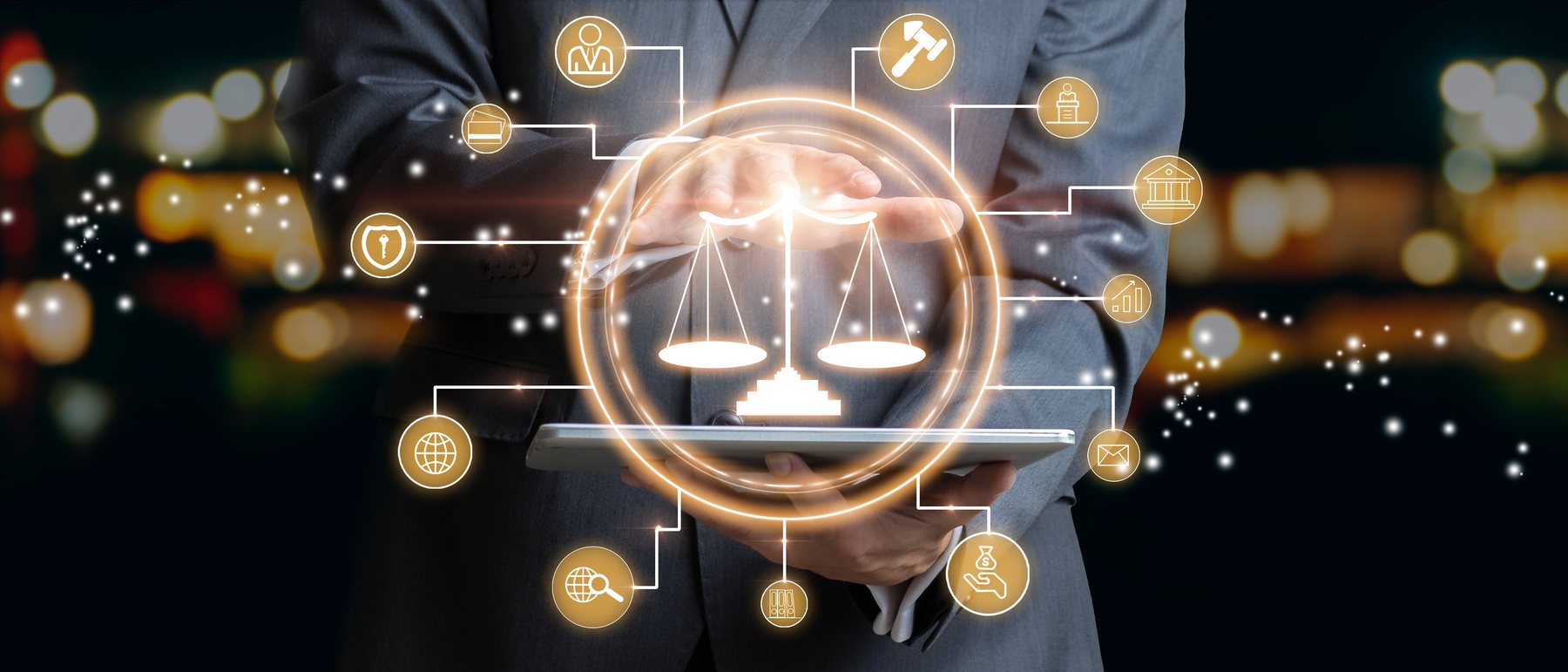 Businessman touching the icon of the balance of justice. Adobe Stock 429812624.