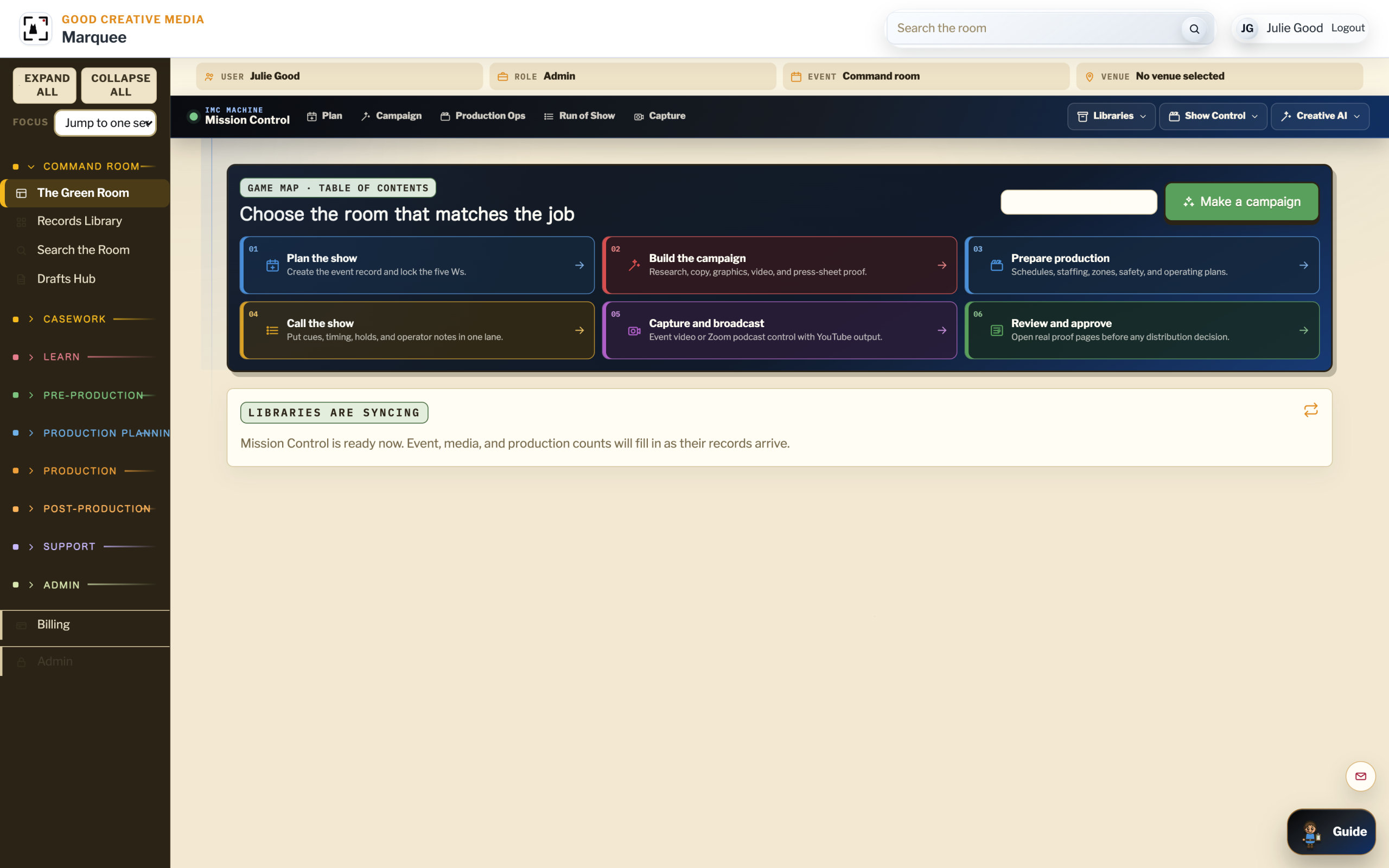 IMC Machine command dashboard with the cinematic navigation and current work queue