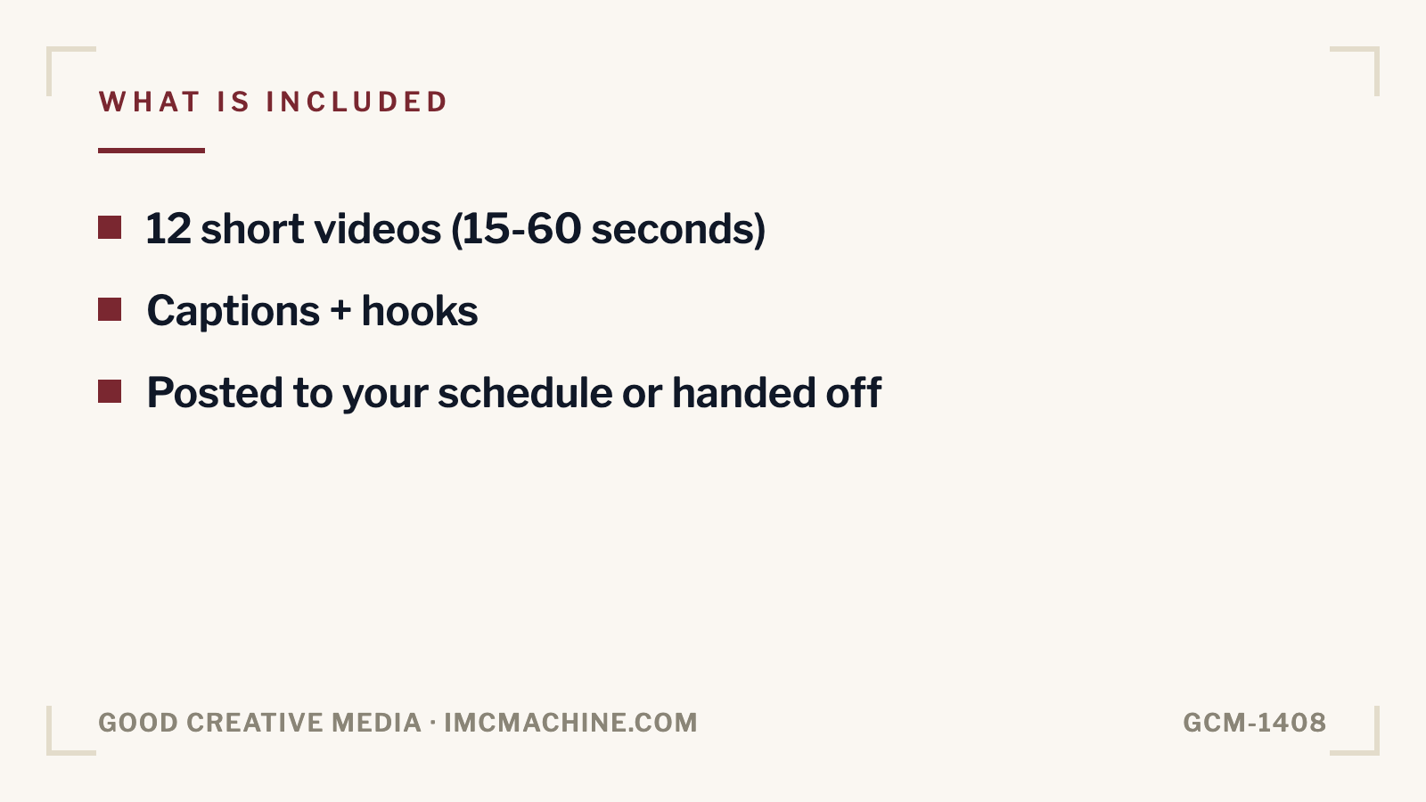 GCM-1408. Short-form video pack (12 reels/TikToks)