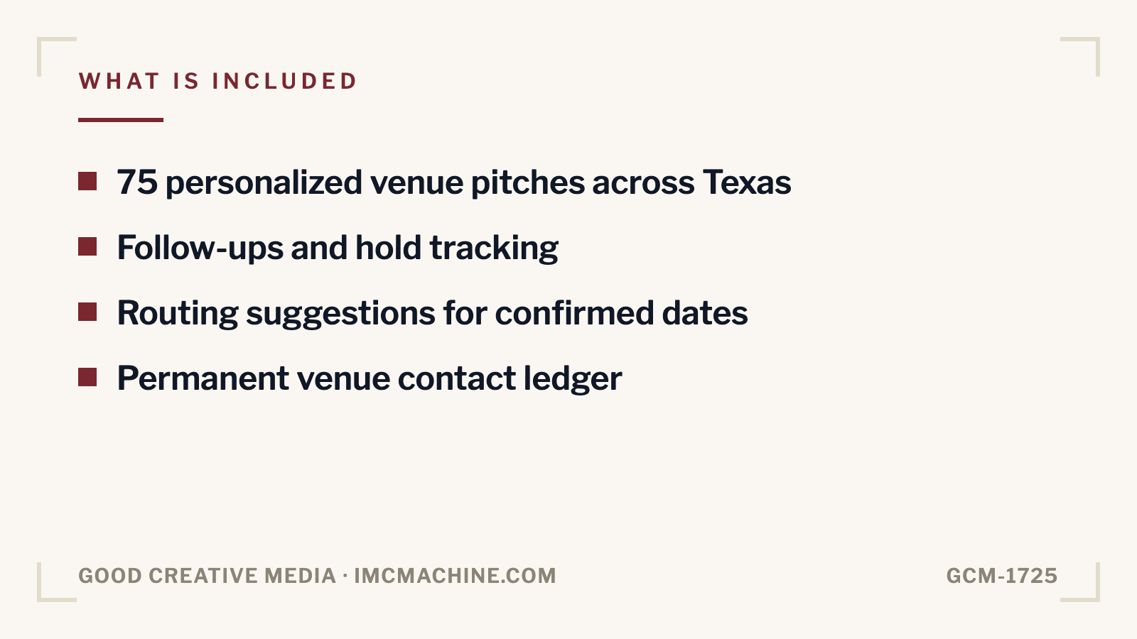GCM-1725. Booking outreach campaign for the Texas circuit