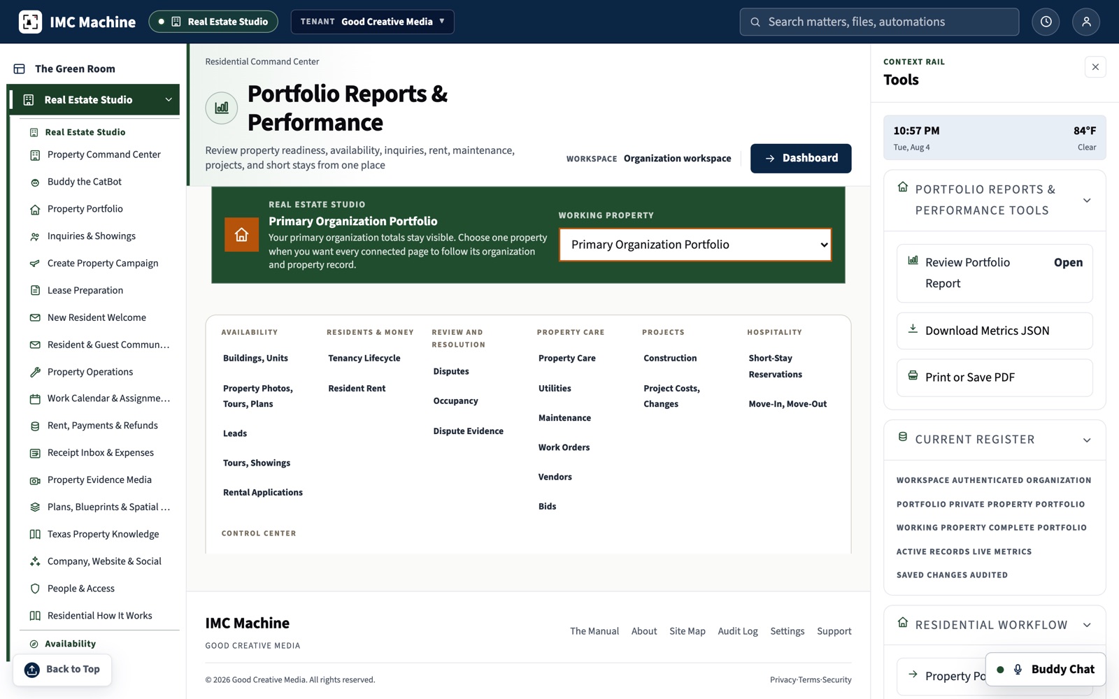 Portfolio Reports and Performance in the IMC Machine with the module families for availability, residents, review, property care, projects, and hospitality