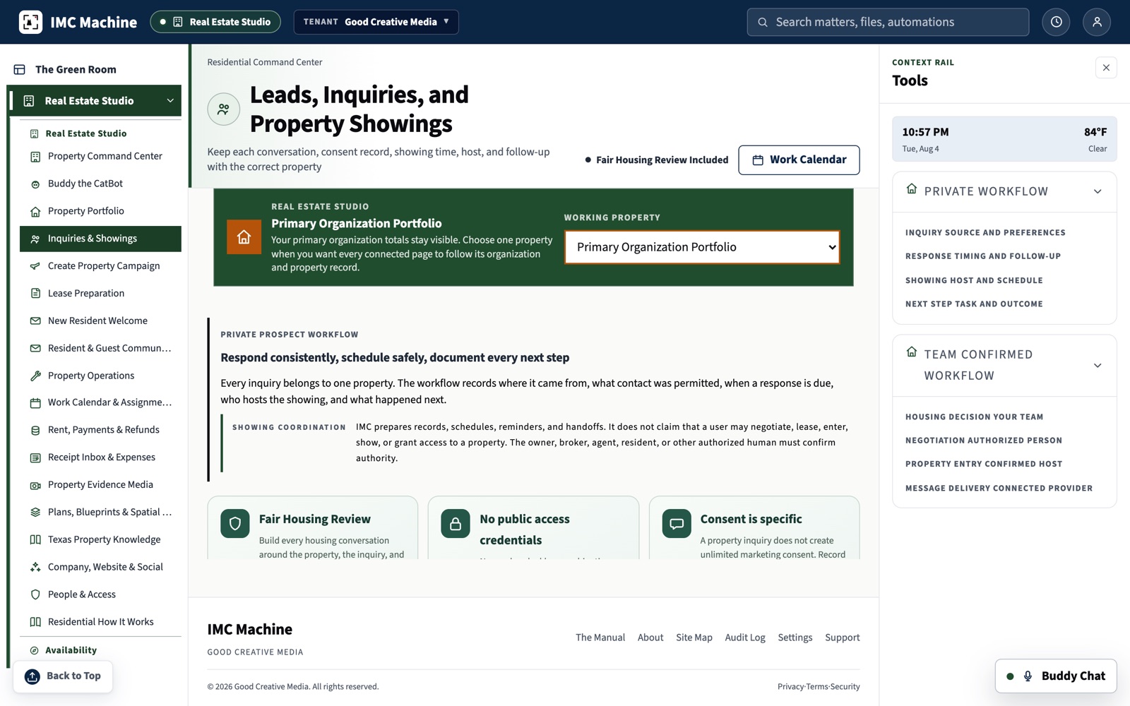 The Inquiries and Showings workspace in the IMC Machine for prospect questions, tour scheduling, and follow-through