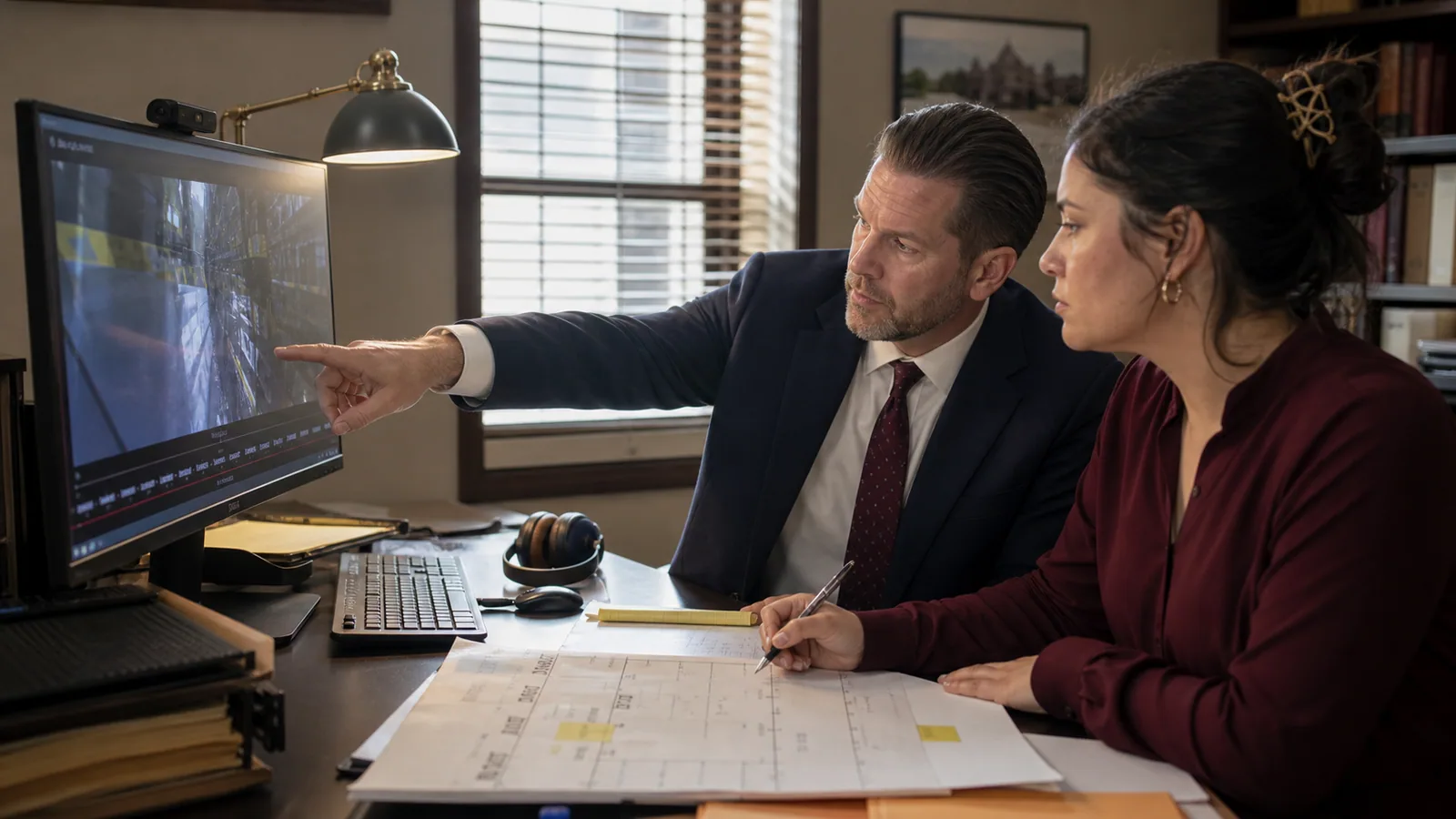 A defense attorney and paralegal review body-camera evidence against a source-linked case chronology.