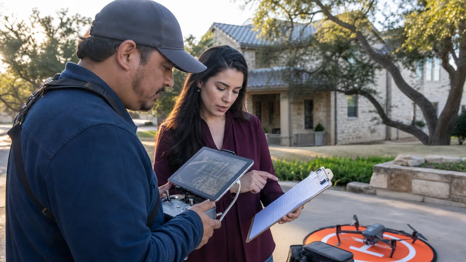A drone operator and property marketer plan an aerial real-estate shoot from a populated flight and shot checklist.