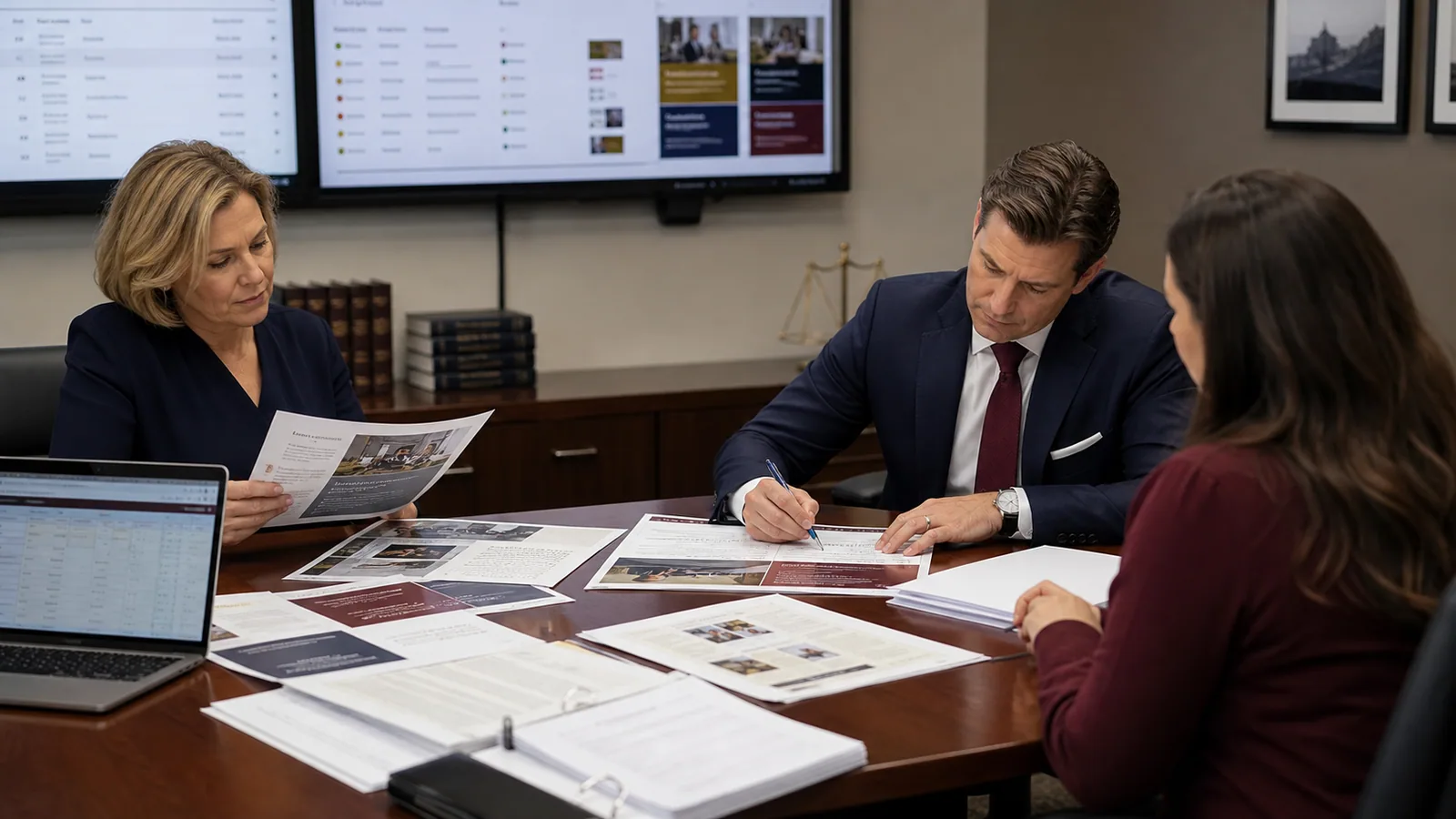 A law-firm media team reviews a populated educational campaign, source list, and compliance approval queue.