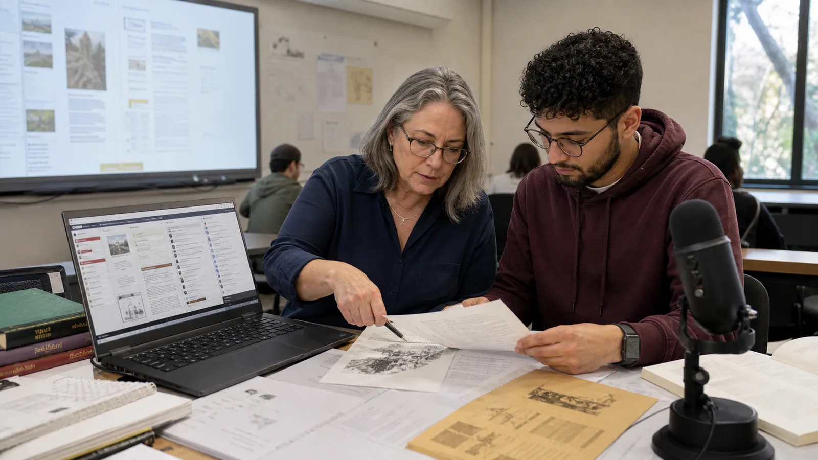 An instructor and media coordinator work through a populated step-by-step application guide.