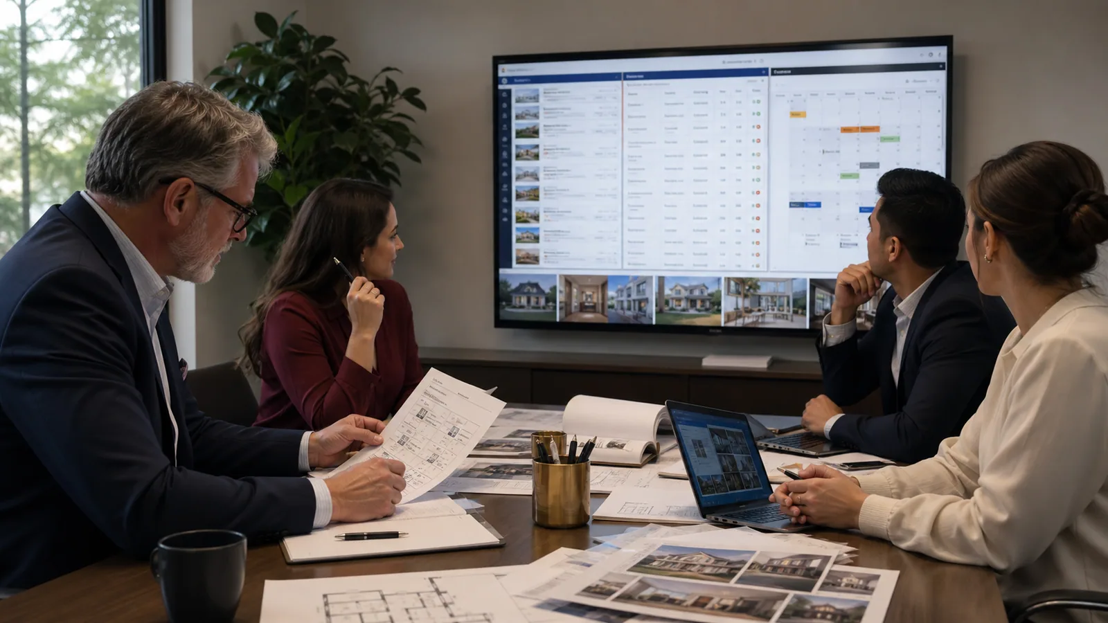 A real-estate brokerage team reviews populated listings, campaign assets, assignments, and approvals.