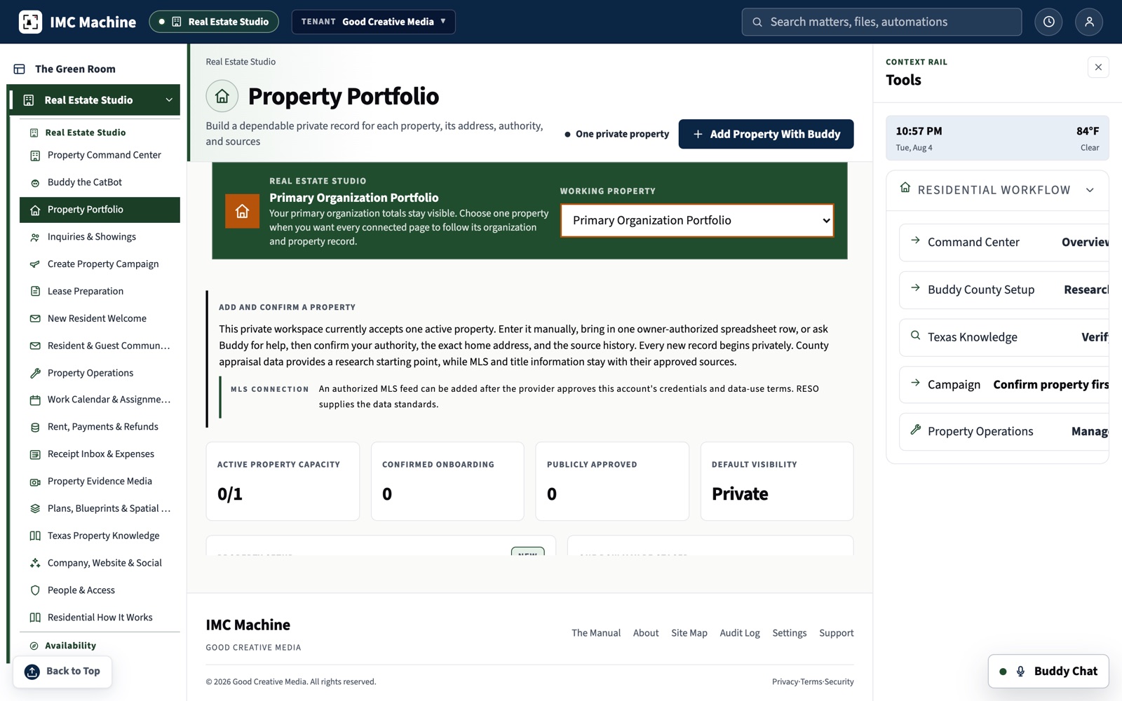 The Property Portfolio view in the IMC Machine where every confirmed property keeps its own record