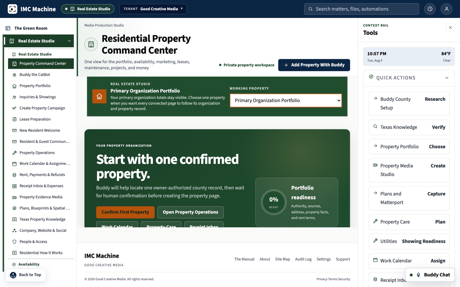 The Residential Property Command Center in the IMC Machine with the studio navigation, working property selector, and portfolio readiness view